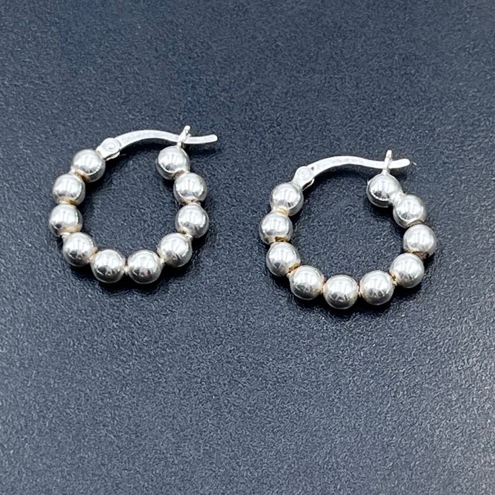 Y Sterling Silver 925 Beaded Ball Small Hoop Earrings